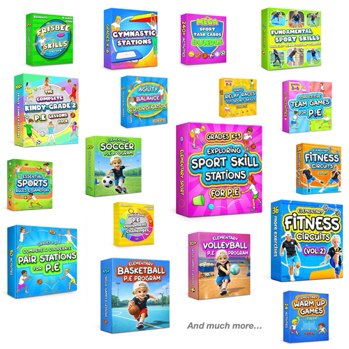 Collection of educational PE (Physical Education) lesson for different age groups and activities, elementary school