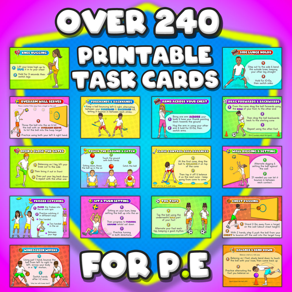 Mega PE task card skills bundle: 240+ task cards & videos (grades K-6)
