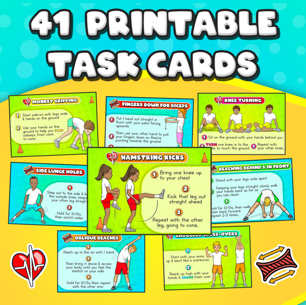 PE Warm ups & stretching: Task cards (+videos) for Physical Education