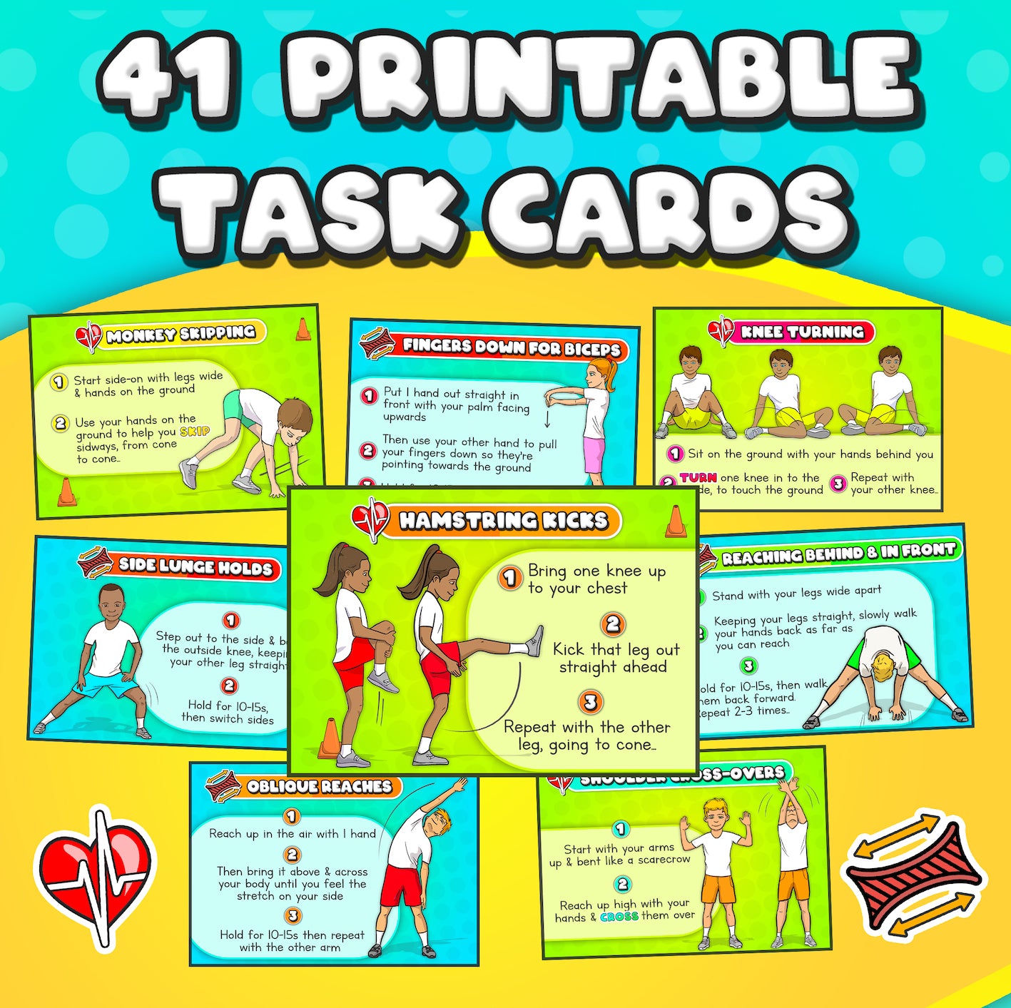 PE Warm ups & stretching: Task cards (+videos) for Physical Education