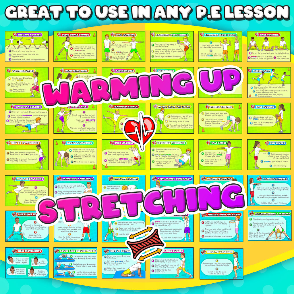 PE Warm ups & stretching: Task cards (+videos) for Physical Education