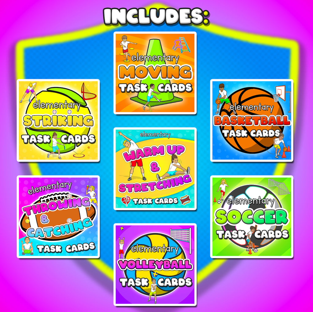 Mega PE task card skills bundle: 240+ task cards & videos (grades K-6)