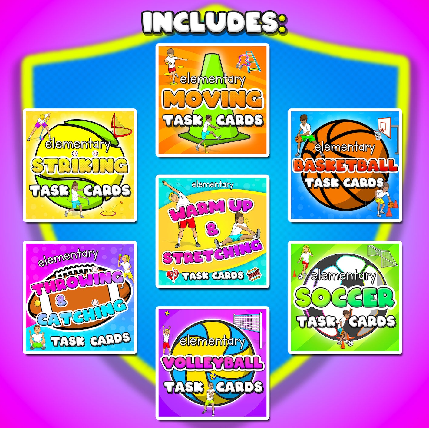 Mega PE task card skills bundle: 240+ task cards & videos (grades K-6)